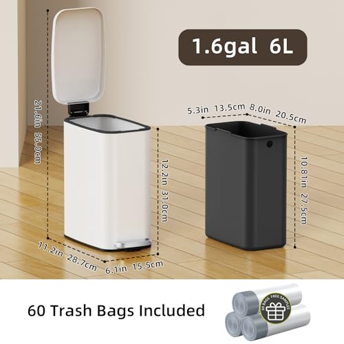 Image of KSSKSS Small Bathroom Trash Can with Lid Soft Close, Step Pedal, 6L / 1.6 Gal Stainless Steel Garbage Bin with Removable Inner Bucket, Slim Wastebasket for Narrow Spaces (White)