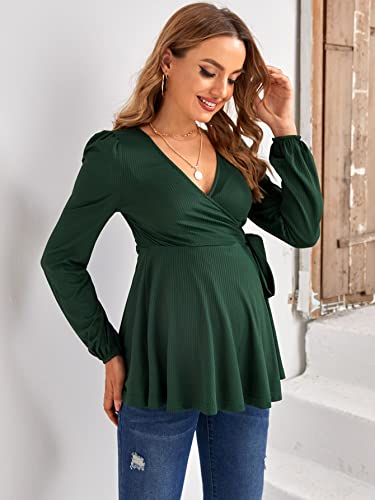 Oyoangle Women's Maternity Rib Knit Long Sleeve V Neck Cross Wrap Belted Blouse Peplum Top Shirt Dark Green Xl #TOP3