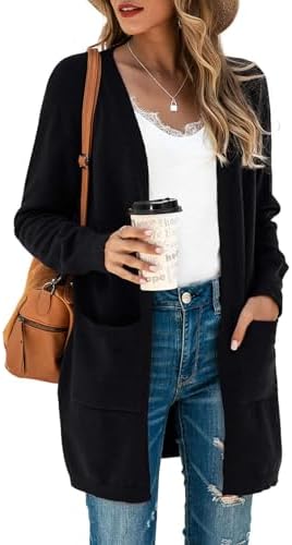 Saodimallsu Strickjacke Damen Lang Leicht Cardigan Langarm Open Front Strickpullover Einfarbig Freizeit Strickmantel Outerwear mit Tasche