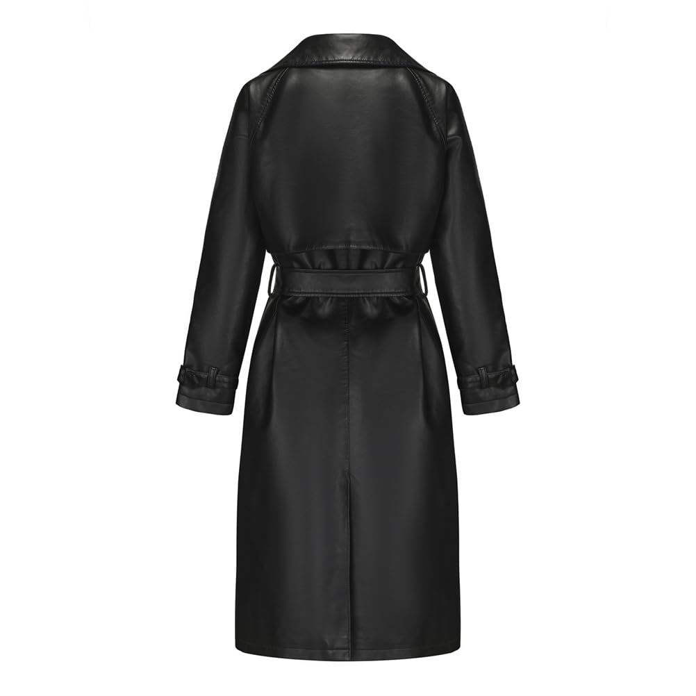 Giacca lunga da donna in pelle allentata, giacche in ecopelle da donna, trench con bottoni con risvolto a tacca
