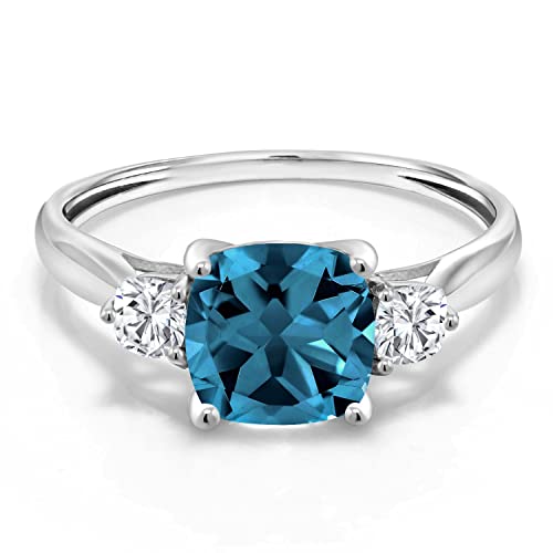 Gem Stone King 10K White Gold London Blue Topaz and White Moissanite 3-Stone Engagement Ring For Women | 2.11 Cttw | Cushion 7MM | 3 Stone Wedding Anniversary Promise Ring