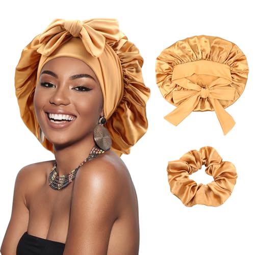 DRESHOW Satin Braid Bonnet for Women Silk Bonnet for Sleeping Sleep Cap with Elastic Tie Band Night Cap for Long Curly Hair Locs