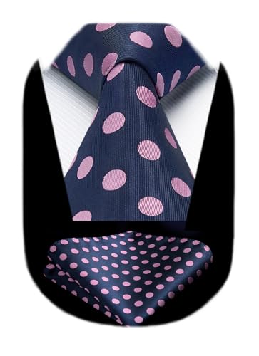 HISDERN Navy Blue Ties for Men Pink Polka Dot Tie and Pocket Square Formal Business Classic Silk Necktie Handkerchief Set Wedding Party Mens Ties