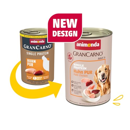 animonda GranCarno Hunde Nassfutter Single Protein Huhn pur (6x400g), getreidefreies Hundenassfutter ohne Zucker, für ausgewachsene Hunde, mit frischem Hühnerfleisch und Innereien