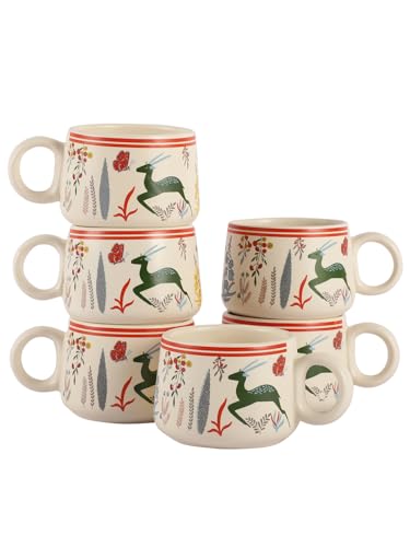 Image of miah decor Ceramic Tea Cups Set of 6 - Cream Red | Handcrafted Stoneware Matte Deer & Floral Finish | Microwave & Dishwasher Safe Coffee Cups & Mugs for Home, Office & Gifting - Every Occasion |180ml