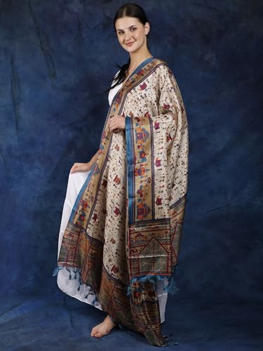 Women's Art Silk Dupatta with Printed Warli Folk Art Motifs | Beautiful Designer Stole, Chunni For Girls3