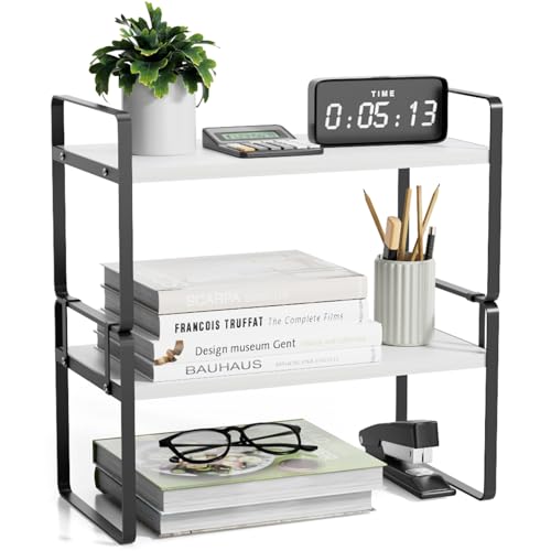 Image of Desk Shelf Organizer for Top of Desk, Detachable 2 Tier Desktop Bookshelf, Wooden Desk Shelves Storage Rack, Small Desktop Shelf for Office Home Dorm, Tabletop Desk Organizer Stand (White+Black)