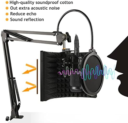 Microphone Isolation Shield with Mic Stand and Pop Filter, Foldable Sound Shield for Most Condenser Microphone, High Density Absorbent Foam to Filter Vocal by Frgyee