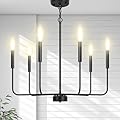 MQKIWAO 6-Light Farmhouse Chandelier, Industrial Black Candle Ceiling Hanging Lighting, Adjustable Height Rustic Pendant Lighting with E12 Base for Kitchen Island Living Room Bedroom Hall.