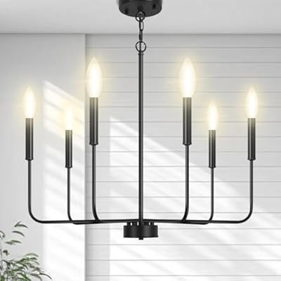 MQKIWAO 6-Light Farmhouse Chandelier, Industrial Black Candle Ceiling Hanging Lighting, Adjustable Height Rustic Pendant Lighting with E12 Base for Kitchen Island Living Room Bedroom Hall.