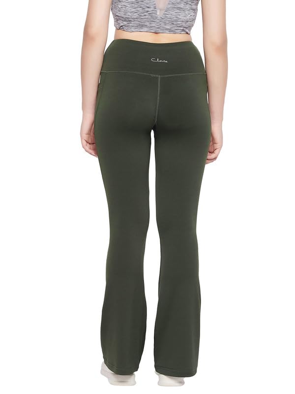 Image of Clovia Women's Comfort Fit High-Rise Flared Yoga Pants with Side Pockets (AB0119R17 Green M)