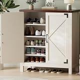 BEWISHOME Shoe Cabinet with Doors, 5-Tier Wooden Shoe Storage Cabinet with Adjustable Shelves Farmhouse Shoe Organizer Cabinet for Entryway, Hallway, Bedroom White KXG01B