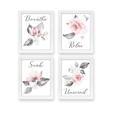heilkee Pink Flower Wall Art Bathroom Grey Wall Decor Relax Soak Unwind Breathe Wall Pictures Bathroom Signs Set of 4(White Framed, 8x10in) Cover