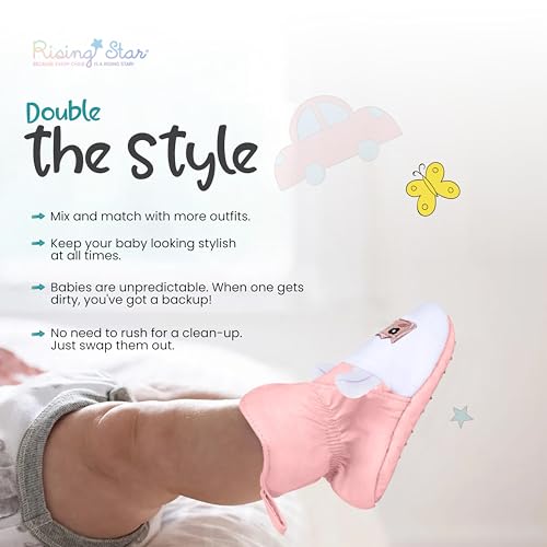 Rising Star Fleece Baby Booties Girls 9-12 Months, 100% Cotton, Hook & Loop Closure & Non Slip Grippers Baby Slippers that Stay On (Pink Alpaca)4