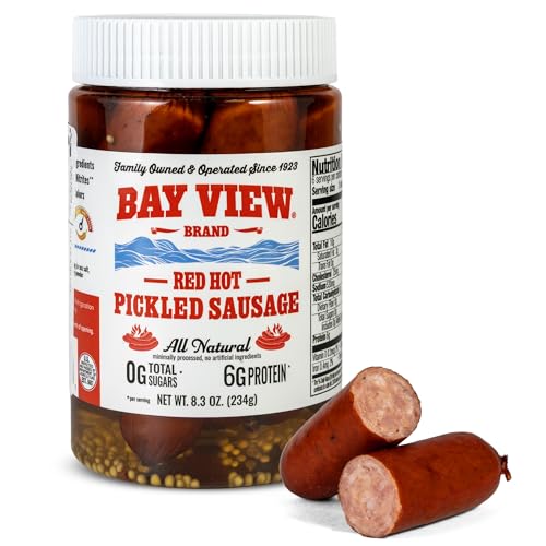 Bay View Smoked Pickled Polish Sausage, No MSG, Gluten Free, No Soy, 0g Sugar, 9g Protein, Hardwood Smoked, Mouthwatering Pickled Snack (8oz, Red Hot)