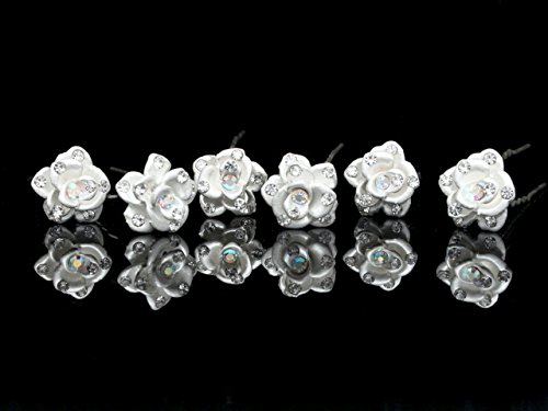 Set of 6 Frosted White Rose Flower Crystal Hair Pins H069
