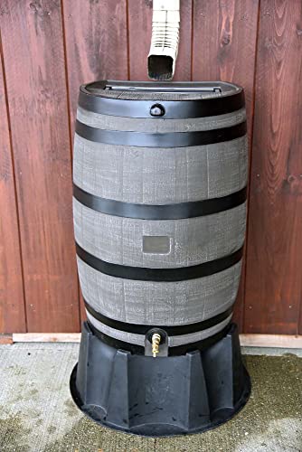 RTS Home Accents 50-Gallon Rain Barrel, Flat Back Rain Water Collection Barrel, Stand Included, Woodgrain with Black Stripes
