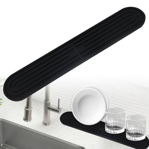 Alfombrilla de silicona estrecha de 43 x 7,8 x 1 cm, alargada, antideslizante y apta para lavavajillas, pequeña alfombrilla de secado para vasos, botellas, tablas de cortar, color negro