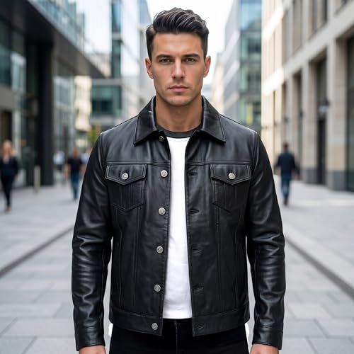 Image of Mens Leather Jackets - Real Lambskin Trucker Style Vintage Leather Jacket Men