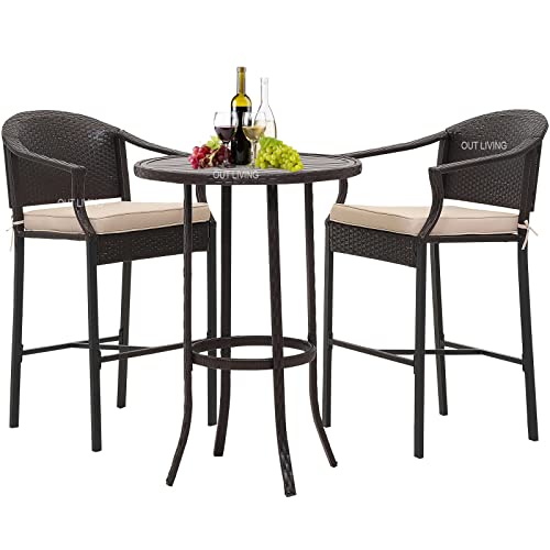 Image of OUTLIVING Rattan Wicker Outdoor Bar Patio Table with 2 Chairs Set for Home Graden Balcony 2 Seater Bar Patio Furniture - (Black & Cream Cushion)