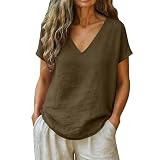 AACH Leinenbluse Damen Sommer Tshirt Elegant Baumwolle Leinen Bluse V Ausschnitt Casual Leinenshirt Lose Kurzarm Blusen Einfarbig Tunika Tops Leicht Luftig Blusenshirt Musselin Oberteile