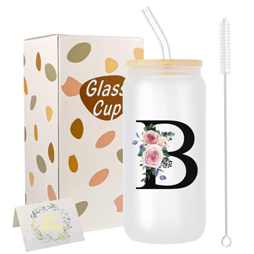 Personalized Gifts for Women,16 oz Custom Mug, Monogrammed Initial Glass Cups with Lids and Straws, Cute Glass Coffee Tumbler, Personalized Gifts for Christmas, Birthday (B)