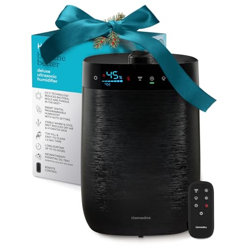 Homedics Deluxe Ultrasonic Humidifier for Large Rooms, Warm or Cool Mist, UV-C Technology, 1.5-Gallon Top Fill Tank, Smart Digital Programmable Humidistat, Home Dry Air Relief, Aromatherapy