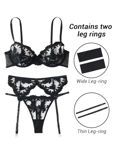 Image of Lilosy Sexy Leaf Floral Embroidered Mesh Sheer Women Underwire Push Up Lingerie Set