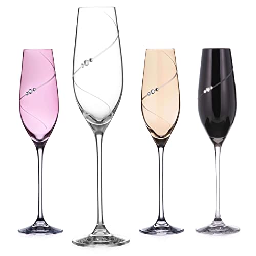 DIAMANTE Set of 4 Coloured Champagne Flutes with ‘Silhouette Colour Selection’ Hand Cut Design - Embellished with Crystals - in Gift Box