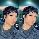 VRZ Pixie wigs for black women human hair short human hair wigs for black women Short Layered Pixie Short Wig for Black Women Glueless 100% Hair Non Lace Full Machine Natural Black Color 1B