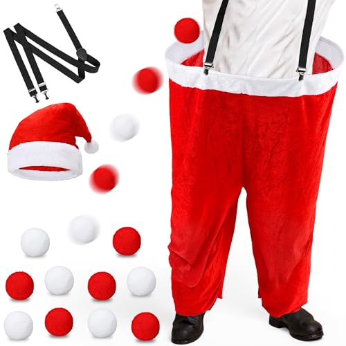 Elcoho 59 Inch Christmas Santa Pants Toss Game Set with Santa Hat Detachable Strap 10 Plush Snowballs Outdoor Giant Pants Yard Toss Ball Games for Adults Family Backyard Game Holiday Party Activity