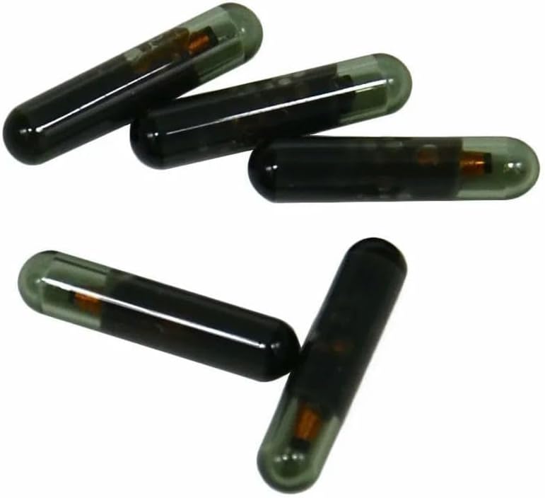 Four individual cylindrical glass transponder chips