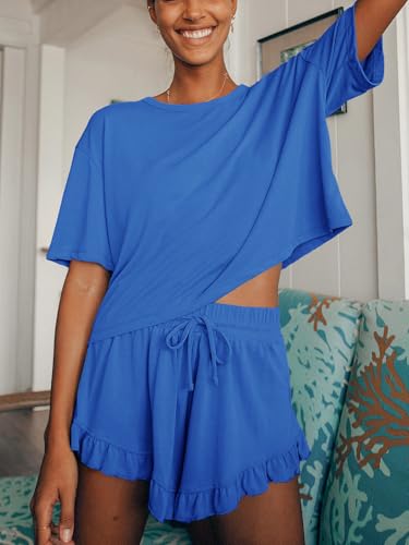 Image of Tankaneo Womens 2 Piece Shorts Set Summer Casual Short Sleeve T Shirts Drawstring Ruffle Shorts Pajamas Lounge Set