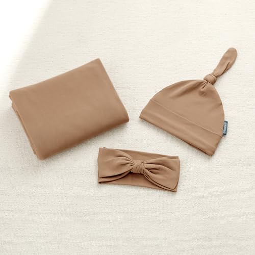 Image of GRSSDER Newborn Swaddle Blankets, Ultra Soft Jersey Receiving Blanket with Matching Headband and Beanie Set, Stretchy Baby Blanket 47x47 inch, Neutral Swaddle Wrap for Girls and Boys