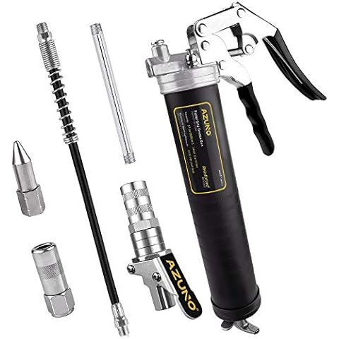 AZUNO Pistol Grip Grease Gun, 6500 PSI Heavy Duty Grease Guns with Flex Hose, Metal Extension, Professional Coupler and Sharp Nozzle Cover