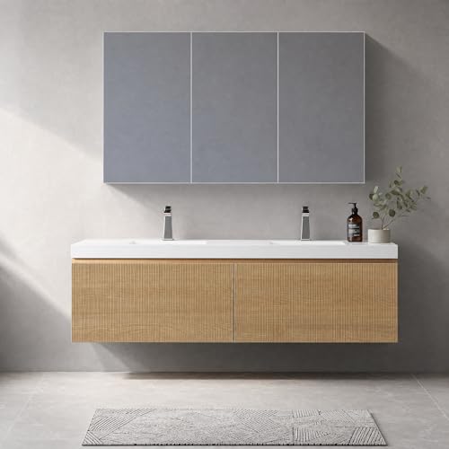 NicBex Floating Bathroom Vanity, 60" Wall Mounted Bathroom Cabinet with 2 Glossy White Stone Resin Sinks & U-Shaped Soft-Close Drawers, Pre-Assembled Striped Storage Vanity for Bathroom, Natural Wood