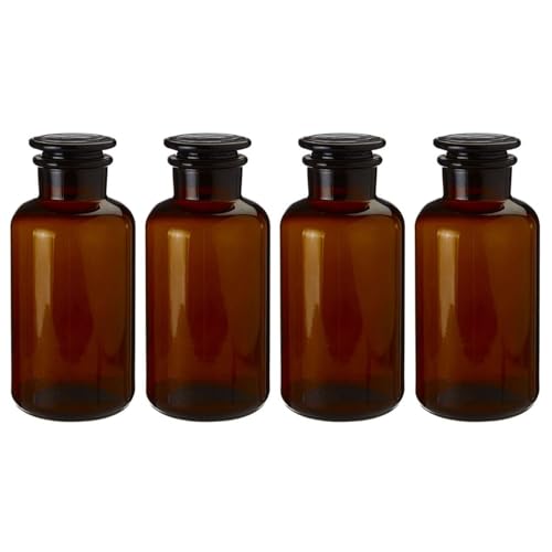 UNIQUE HOME LIVING Apothecary Jar Set of 4 Reagent Bottles, 500ml Amber Glass Storage Jars with Lid, Reusable Vintage Refillable Container for Essential Oils, Bath Salts, Lotion, Perfume