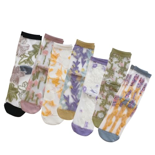 Image of DXYAKY Sheer Mesh Transparent Socks for Women Ultra-thin Lace Fishnet See Through Ankle Novelty Casual Floral Socks