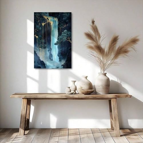 Tableau cascade japonaise Ukiyo-E bleu or argent déco murale grand format 70x100