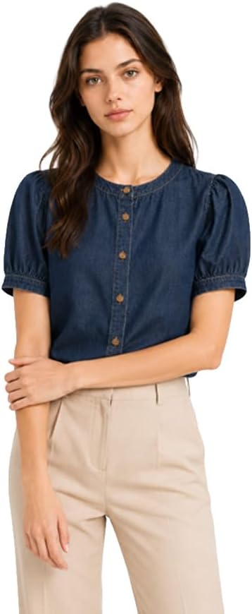 SUNNOW Women's Denim Puff Sleeve Button Down Shirt Classic Casual Short Sleeve Blouse with Relaxed Fit Lightweight Jean Top