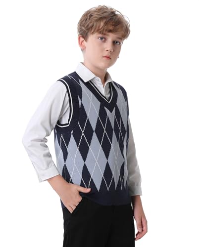 Boys Argyle Sweater Vest V-Neck Uniform Sleeveless Vest Kids Over Size Casual Knit Sweaters for Children 5-14Y3