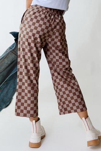 SELINK Women Casual Checkered Elastic High Waist Loose Pants with Pockets Plaid Straight Wide Leg Soft Daily Trousers4