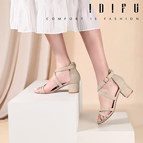 IDIFU Women's Block Low Chunky Heel Strappy Sandals Open Toe Ankle Strap Dress Wedding Evening Shoe for Women Bridal (Nude Suede, 11 M US) by IDIFU - Used condition - Image 7