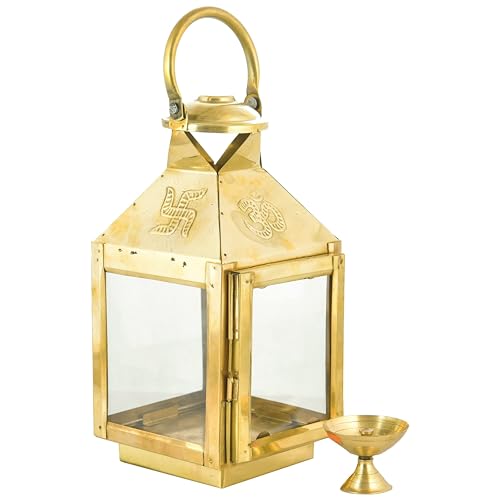 Image of Handicraft Akhand Diya With Glass Cover Brass, Akhand Diya For Home Temple Puja-Medium, Gold