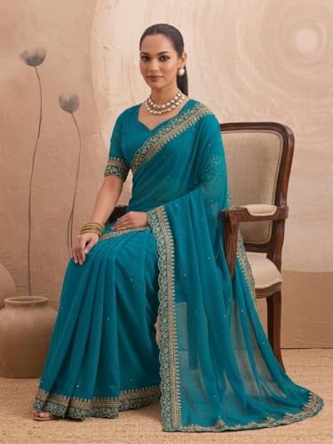 Image of Women's Georgette Embroidery Border Beads work Saree with Blouse Piece