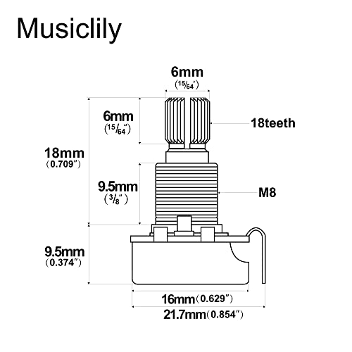 Musiclily Pro A500K Brass Thread Metric Mini Potentiometers Split Shaft Audio Taper Pots for Electric Guitar Bass (Set of 4)