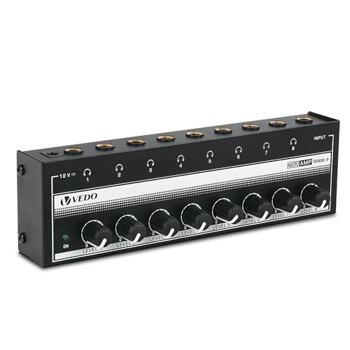 VEDO HA800-P Amplificador de Fones de Ouvido com 8 Canais, Controle de Volume Independente, Entrada Áudio 6,35mm, Design Compacto para Estúdio, Produção Musical e Monitoramento