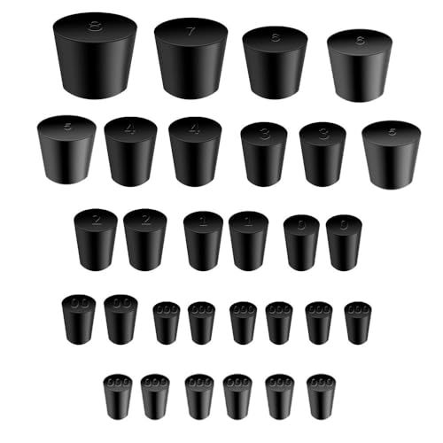 Laboratory Grade Rubber Stoppers, 30 Pieces Assorted Tapered Bungs Set, 11 Different Sizes from 000# to 8#, Solid Black Lab Supplies