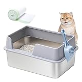 Stainless Steel Litter Box with Lid High Sides Litter Box Enclosed Metal Litter Box, Non Stick, Odor Control Easy Clean Medium to Large Pet Litter Pan with High Wall Includes 15 Count Waste Liners