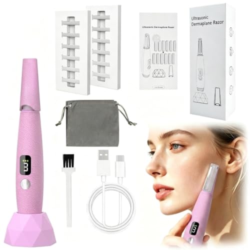 Sonic Dermaplaning Tool for Women Face, Electric Dermaplane Razor with 12 Refill Blades, 3-Speed Rechargeable Facial Hair Remover with LED Light for Peach Fuzz & Makeup Prep (Pink)